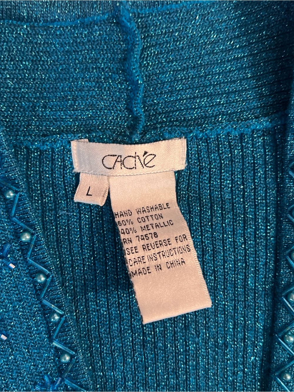 Cache Beaded Sparkly Blue Metallic Knit Y2K Vintage Top Size Large Stretchy - Picture 5 of 8